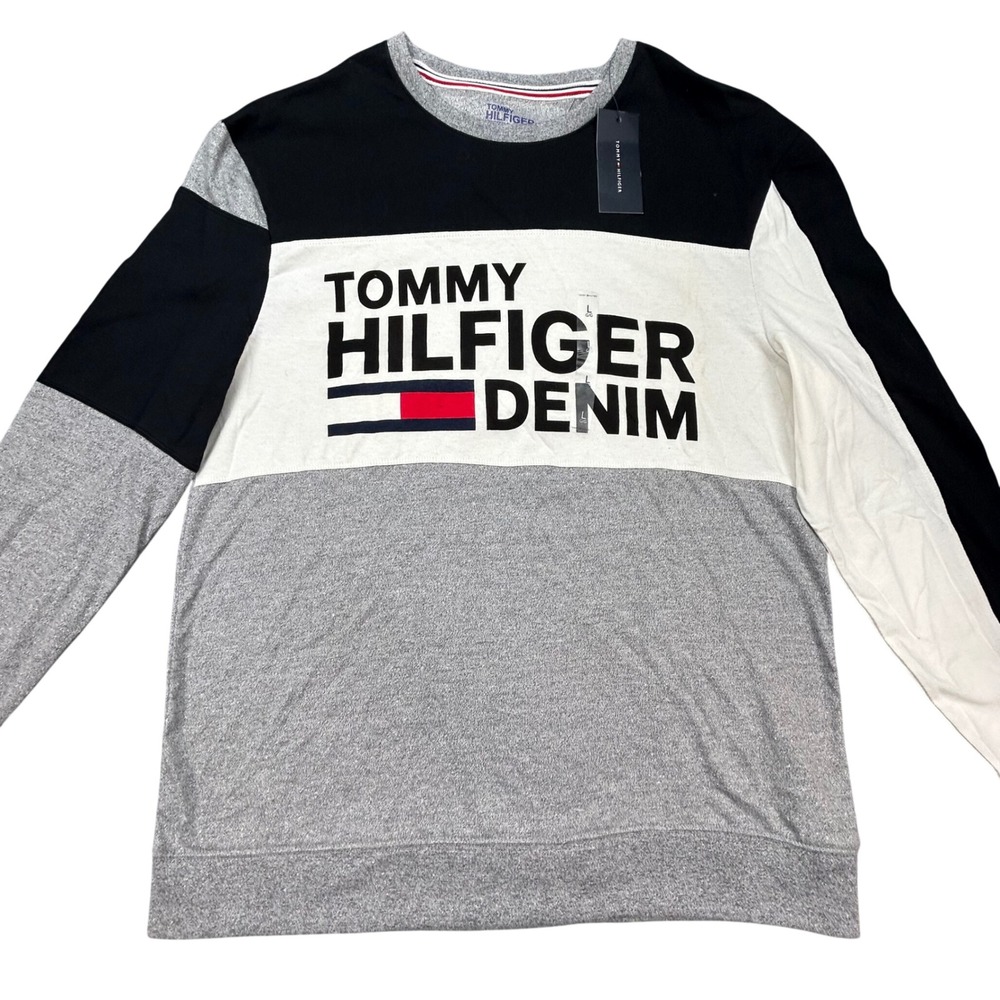 Tommy Hilfiger Denim Shirt Mens L Black White Grey Colorblock‎ Long Sleeve